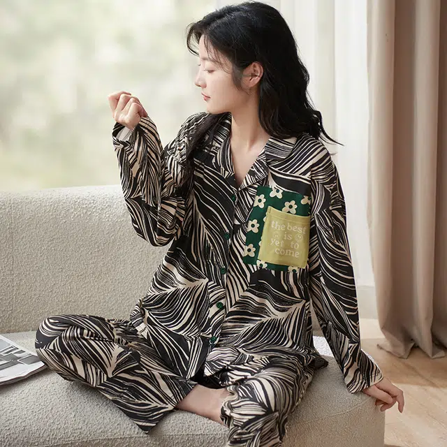 小情歌 家居服睡衣 纯棉睡衣女春秋季家居服女春秋款长袖长裤宽松设计国潮中国风家居套装 女款 黑白条纹
