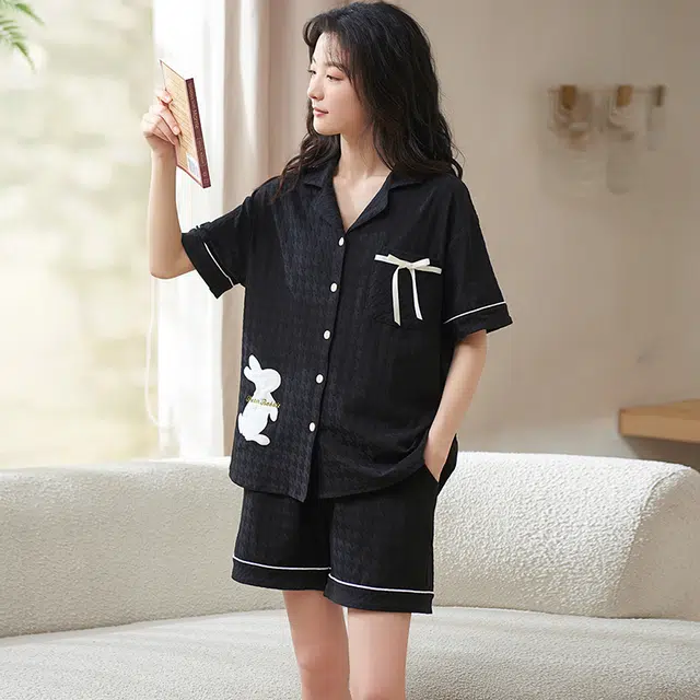 小情歌 家居服睡衣 短袖短裤睡衣女夏季家居服女夏款纯棉家居套装 千鸟格压纹兔子图案刺绣设计 女款 黑色