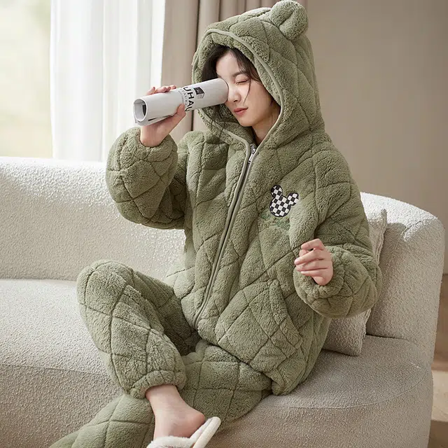 小情歌 家居服睡衣 珊瑚绒三层加绒加厚夹棉保暖睡衣女秋冬家居服女冬季长袖长裤女士家居套装 女款 抹茶色