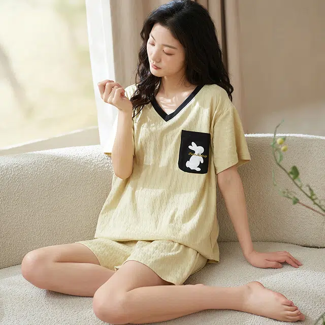 小情歌 家居服睡衣 短袖短裤睡衣女夏季家居服女夏款纯棉家居套装 千鸟格压纹兔子刺绣图案口袋设计 女款 米白色