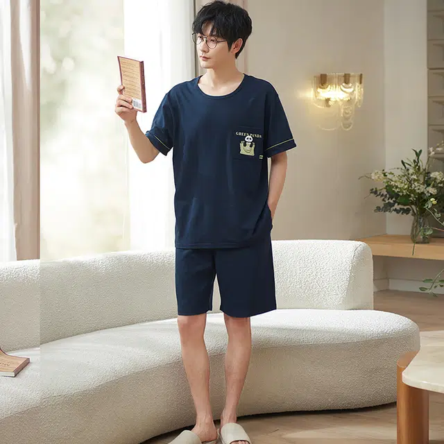 小情歌 家居服睡衣 纯棉睡衣男夏季款短袖短裤家居套装 胸前口袋装饰设计 男款 藏青色