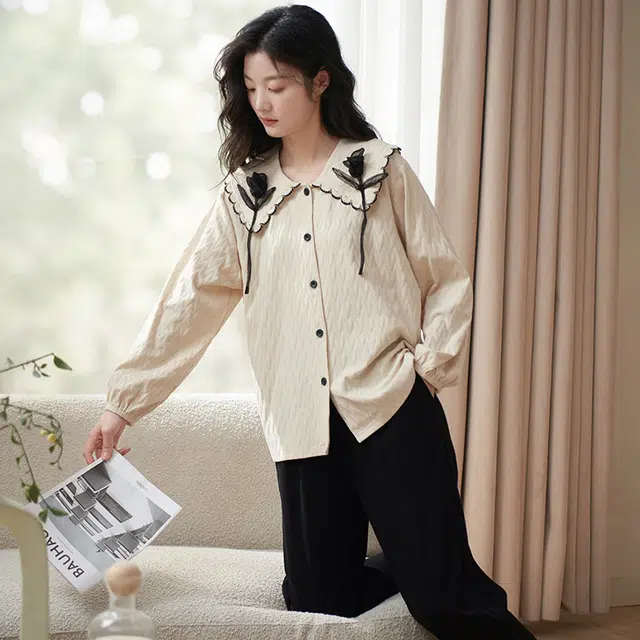 小情歌 家居服睡衣 纯棉睡衣女春秋季家居服女春秋款长袖长裤宽松家居套装设计 女款 奶白色