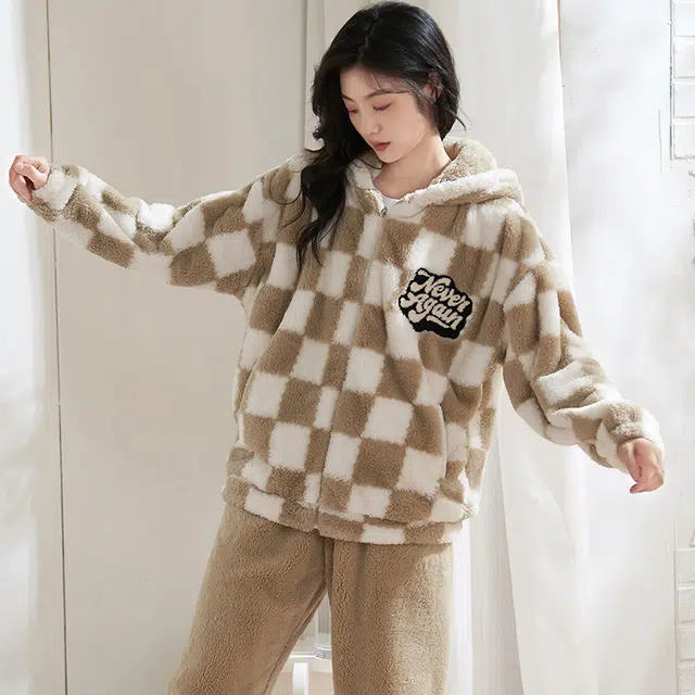 小情歌 家居服睡衣 珊瑚绒保暖睡衣女秋冬家居服女冬季大码长袖长裤女士连帽家居套装 女款 黄白格