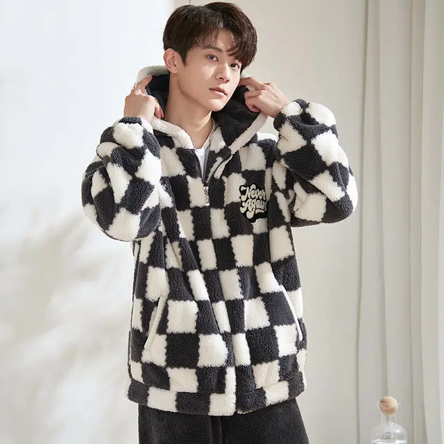 小情歌 家居服睡衣 珊瑚绒保暖睡衣男秋冬家居服男冬季大码长袖长裤男士连帽家居套装 男款 黑白格
