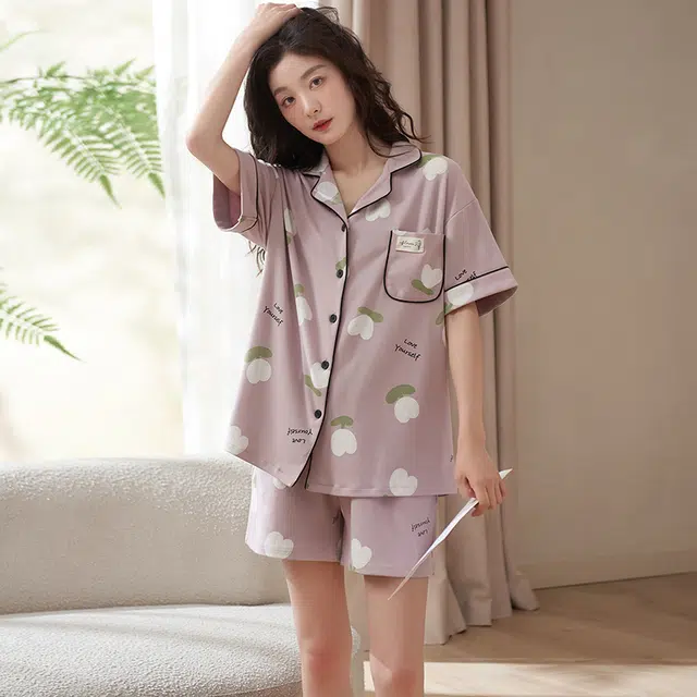 小情歌 家居服睡衣 短袖短裤睡衣女夏季家居服女夏款纯棉家居套装 水果图案设计 女款 粉色