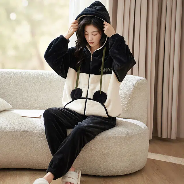 小情歌 家居服睡衣 珊瑚绒保暖睡衣女秋冬家居服女冬季大码长袖长裤女士连帽家居套装 女款 黑白拼接