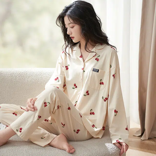 小情歌 家居服睡衣 纯棉睡衣女春秋季家居服女春秋款长袖长裤宽松套装设计 女款 米白色 家居套装