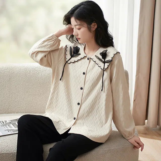 小情歌 家居服睡衣 纯棉睡衣女春秋季家居服女春秋款长袖长裤宽松家居套装设计 女款 奶白色