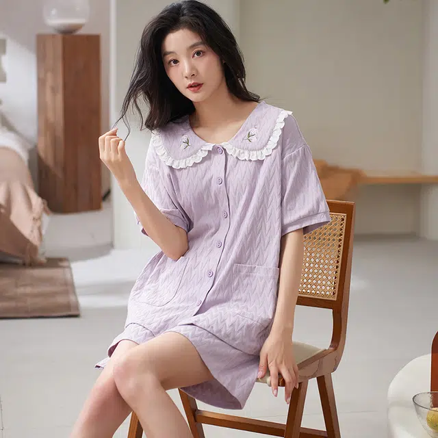 小情歌 简约休闲家居服舒适短袖短裤睡衣套装 女款 浅紫色