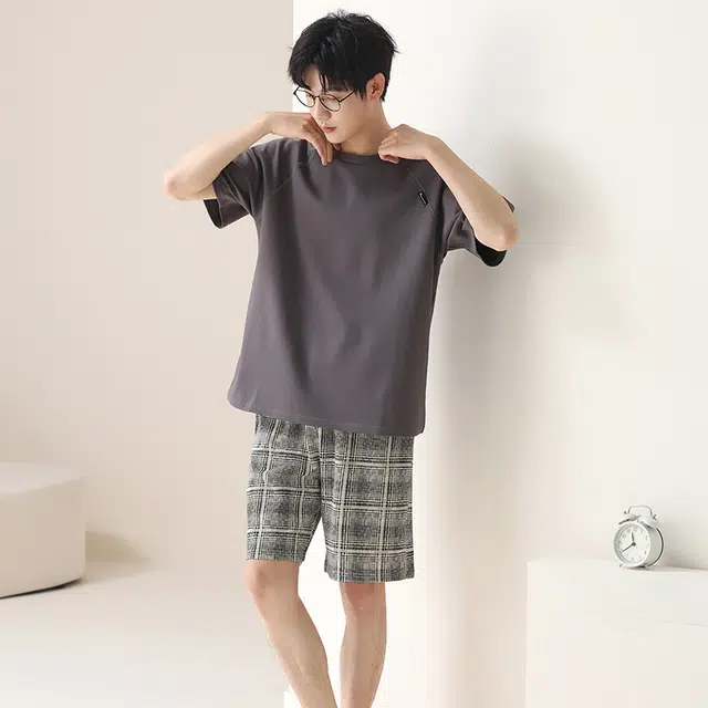 小情歌 可外穿简约休闲短袖短裤睡衣套装 男款 深灰色
