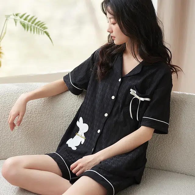 小情歌 家居服睡衣 短袖短裤睡衣女夏季家居服女夏款纯棉家居套装 千鸟格压纹兔子图案刺绣设计 女款 黑色