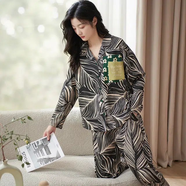 小情歌 家居服睡衣 纯棉睡衣女春秋季家居服女春秋款长袖长裤宽松设计国潮中国风家居套装 女款 黑白条纹