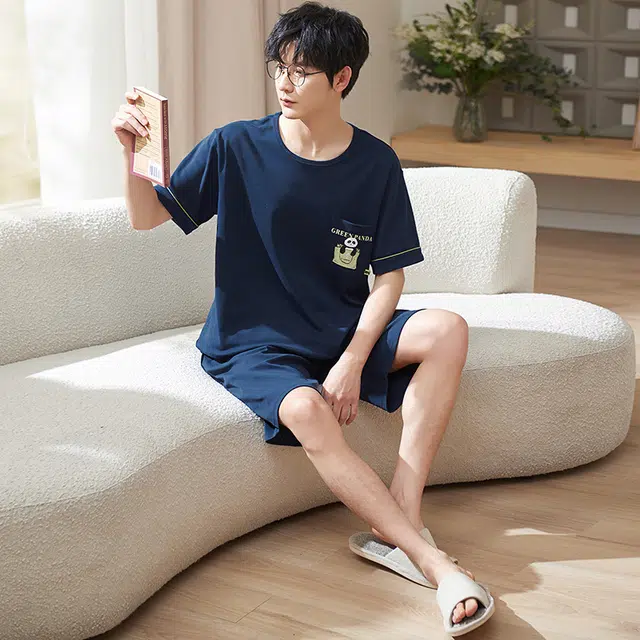 小情歌 家居服睡衣 纯棉睡衣男夏季款短袖短裤家居套装 胸前口袋装饰设计 男款 藏青色