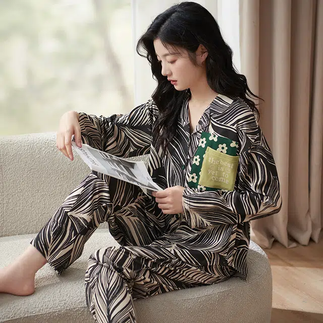 小情歌 家居服睡衣 纯棉睡衣女春秋季家居服女春秋款长袖长裤宽松设计国潮中国风家居套装 女款 黑白条纹