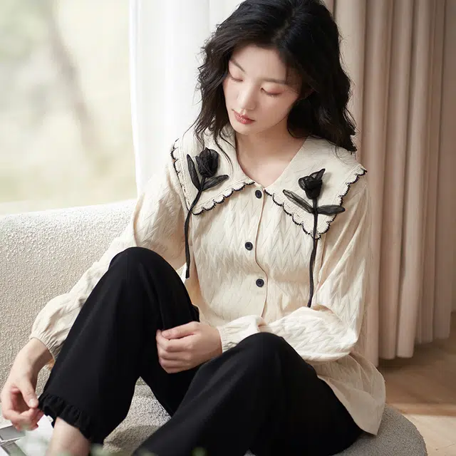 小情歌 家居服睡衣 纯棉睡衣女春秋季家居服女春秋款长袖长裤宽松家居套装设计 女款 奶白色