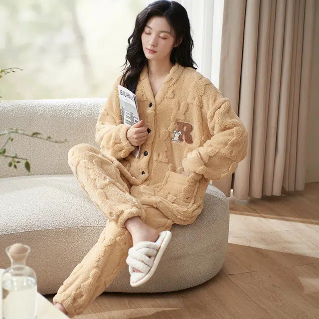 小情歌 家居服睡衣 珊瑚绒保暖睡衣女秋冬家居服女冬季大码长袖长裤女士小清新风设计家居套装 女款 橘色