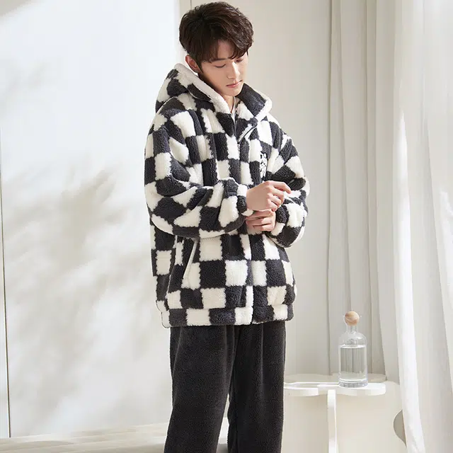 小情歌 家居服睡衣 珊瑚绒保暖睡衣男秋冬家居服男冬季大码长袖长裤男士连帽家居套装 男款 黑白格