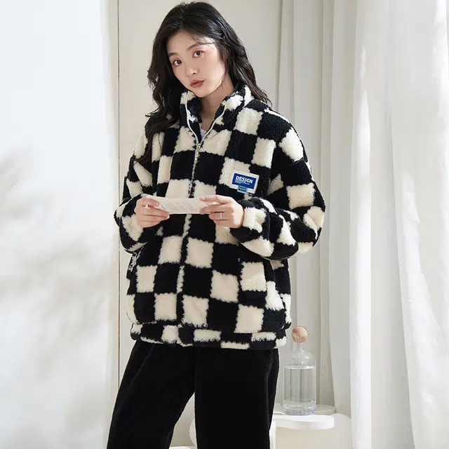 小情歌 家居服睡衣 珊瑚绒保暖睡衣女秋冬家居服女冬季大码长袖长裤女士连帽家居套装 女款 黑白格子