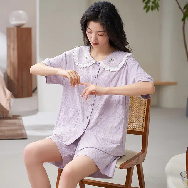 小情歌 简约休闲家居服舒适短袖短裤睡衣套装 女款 浅紫色