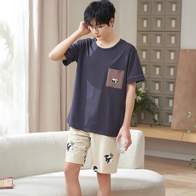 小情歌 家居服睡衣 纯棉睡衣男夏季款短袖短裤家居套装 胸前口袋装饰设计 男款 深灰色