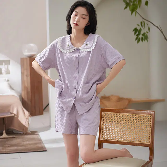 小情歌 简约休闲家居服舒适短袖短裤睡衣套装 女款 浅紫色