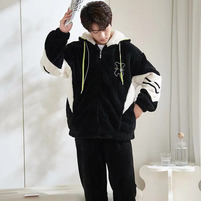 小情歌 家居服睡衣 珊瑚绒保暖睡衣男秋冬家居服男冬季大码长袖长裤男士连帽家居套装 男款 黑白拼色