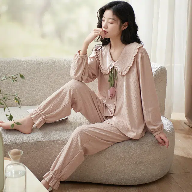 小情歌 家居服睡衣 纯棉睡衣女春秋季家居服女春秋款长袖长裤宽松家居套装设计 女款 粉红色