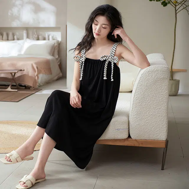 小情歌 纯色甜美可爱性感无袖吊带睡裙 夏季 女款 黑色