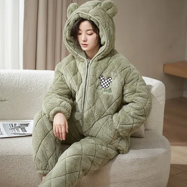 小情歌 家居服睡衣 珊瑚绒三层加绒加厚夹棉保暖睡衣女秋冬家居服女冬季长袖长裤女士家居套装 女款 抹茶色