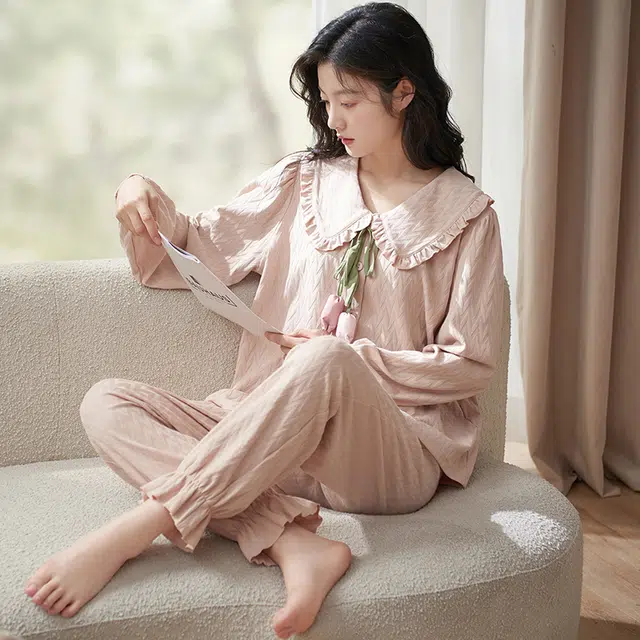 小情歌 家居服睡衣 纯棉睡衣女春秋季家居服女春秋款长袖长裤宽松家居套装设计 女款 粉红色