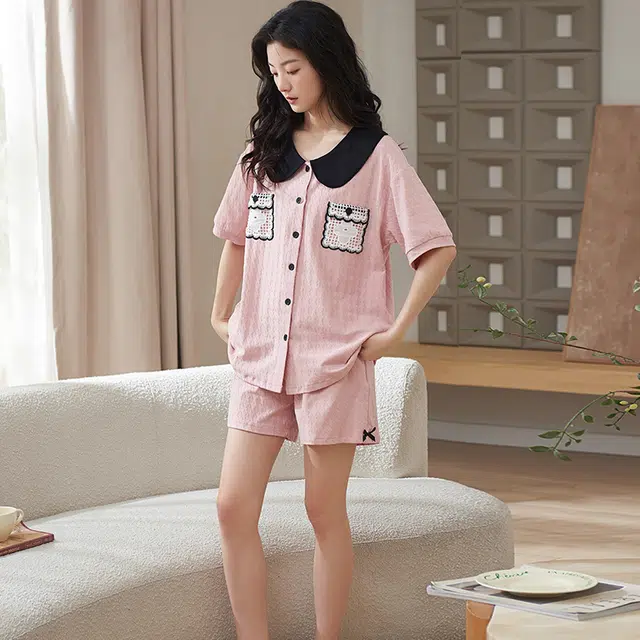 小情歌 家居服睡衣 短袖短裤睡衣女夏季家居服女夏款纯棉家居套装 千鸟格压纹双口袋设计 女款 粉红色