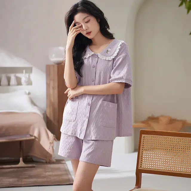小情歌 简约休闲家居服舒适短袖短裤睡衣套装 女款 浅紫色