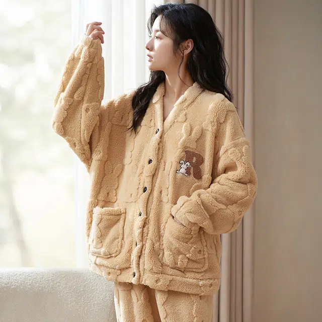 小情歌 家居服睡衣 珊瑚绒保暖睡衣女秋冬家居服女冬季大码长袖长裤女士小清新风设计家居套装 女款 橘色