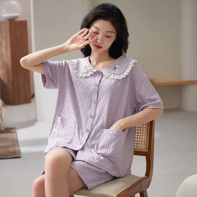 小情歌 简约休闲家居服舒适短袖短裤睡衣套装 女款 浅紫色