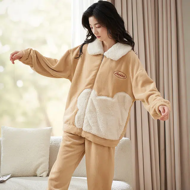 小情歌 家居服睡衣 珊瑚绒保暖睡衣女秋冬家居服女冬季大码长袖长裤女士可爱风家居套装 女款 橘色