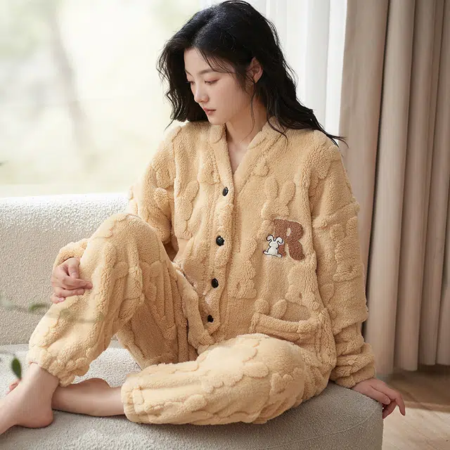小情歌 家居服睡衣 珊瑚绒保暖睡衣女秋冬家居服女冬季大码长袖长裤女士小清新风设计家居套装 女款 橘色