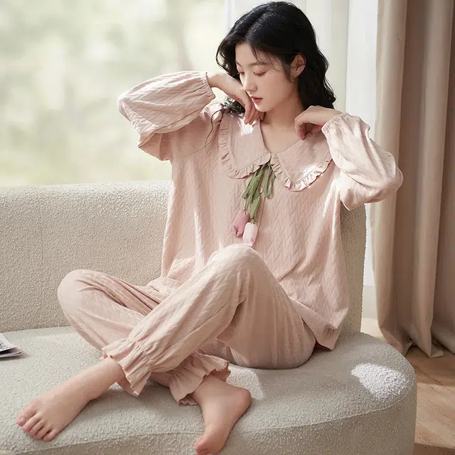 小情歌 家居服睡衣 纯棉睡衣女春秋季家居服女春秋款长袖长裤宽松家居套装设计 女款 粉红色