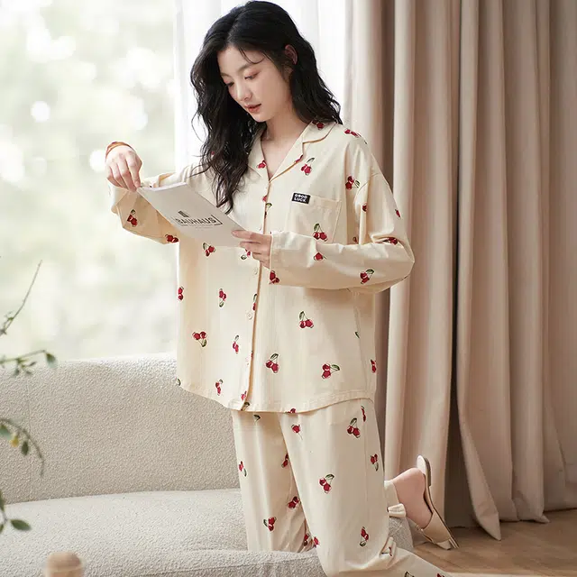 小情歌 家居服睡衣 纯棉睡衣女春秋季家居服女春秋款长袖长裤宽松套装设计 女款 米白色 家居套装