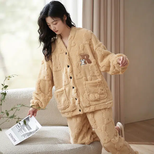 小情歌 家居服睡衣 珊瑚绒保暖睡衣女秋冬家居服女冬季大码长袖长裤女士小清新风设计家居套装 女款 橘色