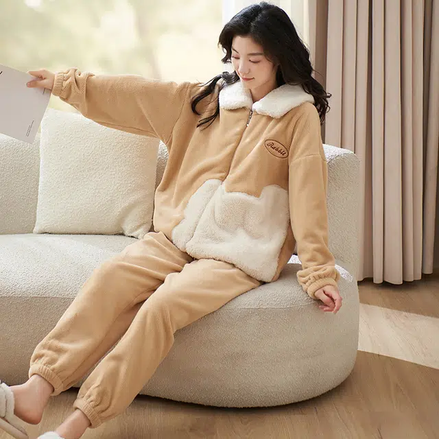 小情歌 家居服睡衣 珊瑚绒保暖睡衣女秋冬家居服女冬季大码长袖长裤女士可爱风家居套装 女款 橘色