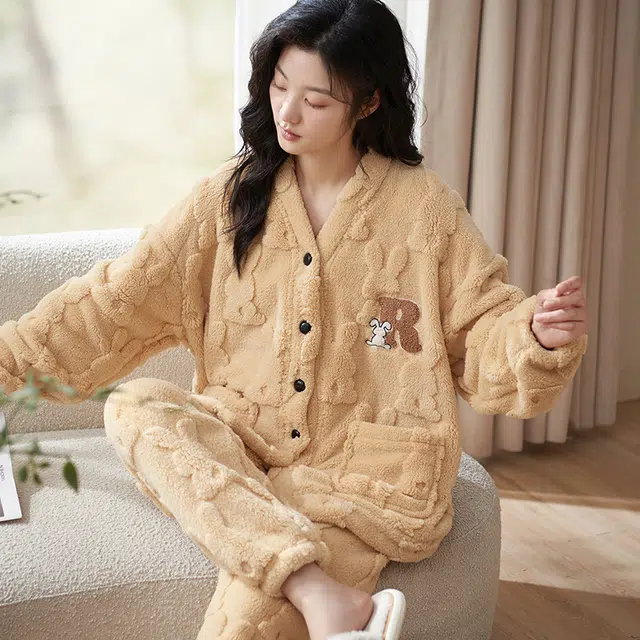 小情歌 家居服睡衣 珊瑚绒保暖睡衣女秋冬家居服女冬季大码长袖长裤女士小清新风设计家居套装 女款 橘色