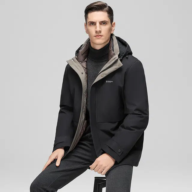 鸭鸭 三合一系列 中老年纯色商务休闲可拆卸帽短款户外防风保暖厚款羽绒服外套 男