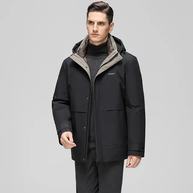 鸭鸭 三合一系列 中老年纯色商务休闲可拆卸帽短款户外防风保暖厚款羽绒服外套 男