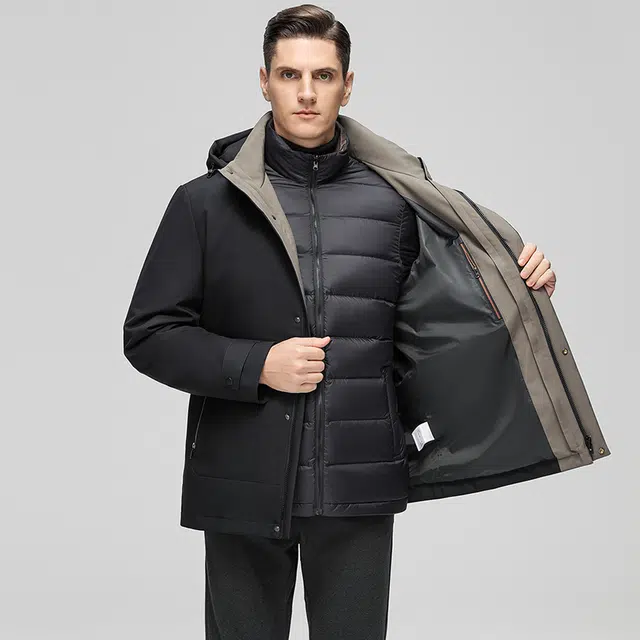 鸭鸭 三合一系列 中老年纯色商务休闲可拆卸帽短款户外防风保暖厚款羽绒服外套 男