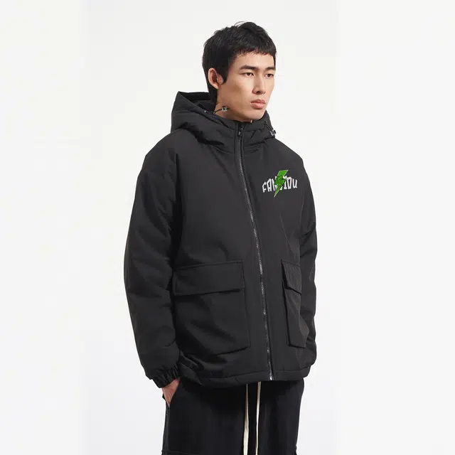 范比欧 美式复古闪电拼接防风连帽冲锋衣棉服 男女同款