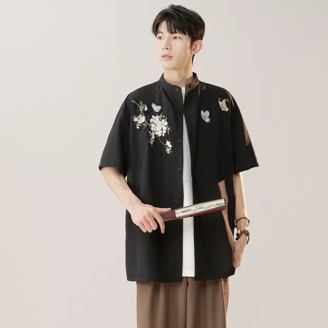 范比欧 新中式蝴蝶花纹理宽松尖领短袖衬衫 男女同款