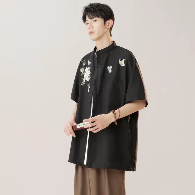 范比欧 新中式蝴蝶花纹理宽松尖领短袖衬衫 男女同款