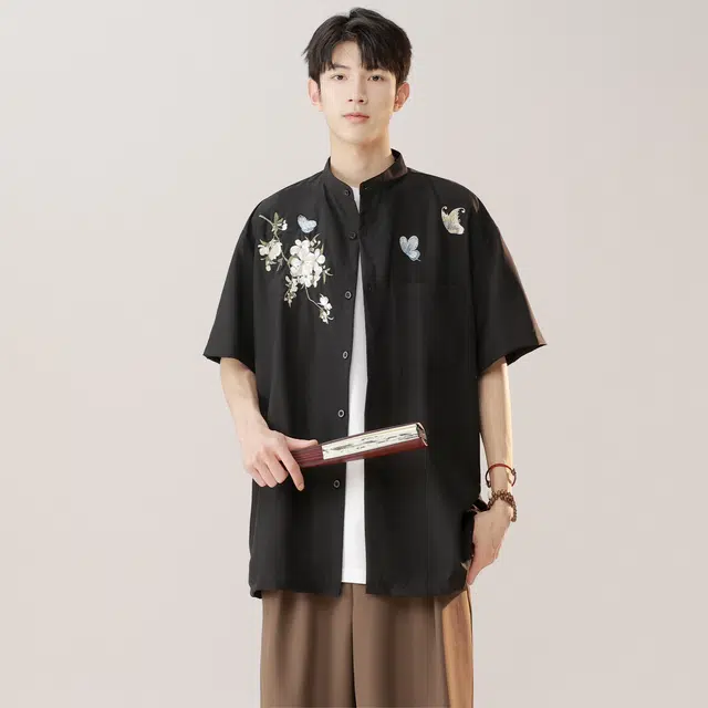 范比欧 新中式蝴蝶花纹理宽松尖领短袖衬衫 男女同款