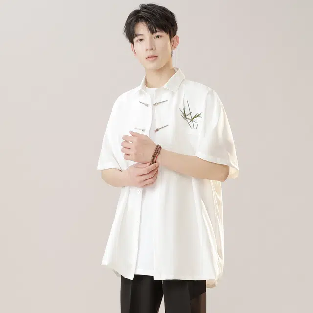 范比欧 新中式蝴蝶花纹理宽松尖领短袖衬衫 男女同款