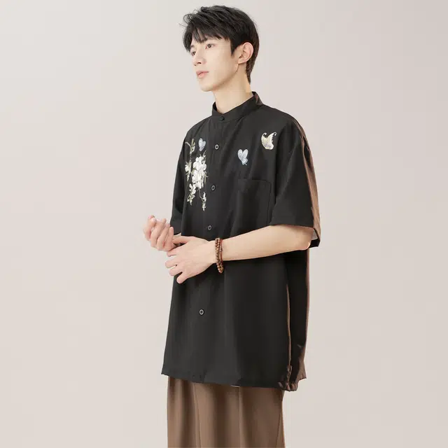 范比欧 新中式蝴蝶花纹理宽松尖领短袖衬衫 男女同款